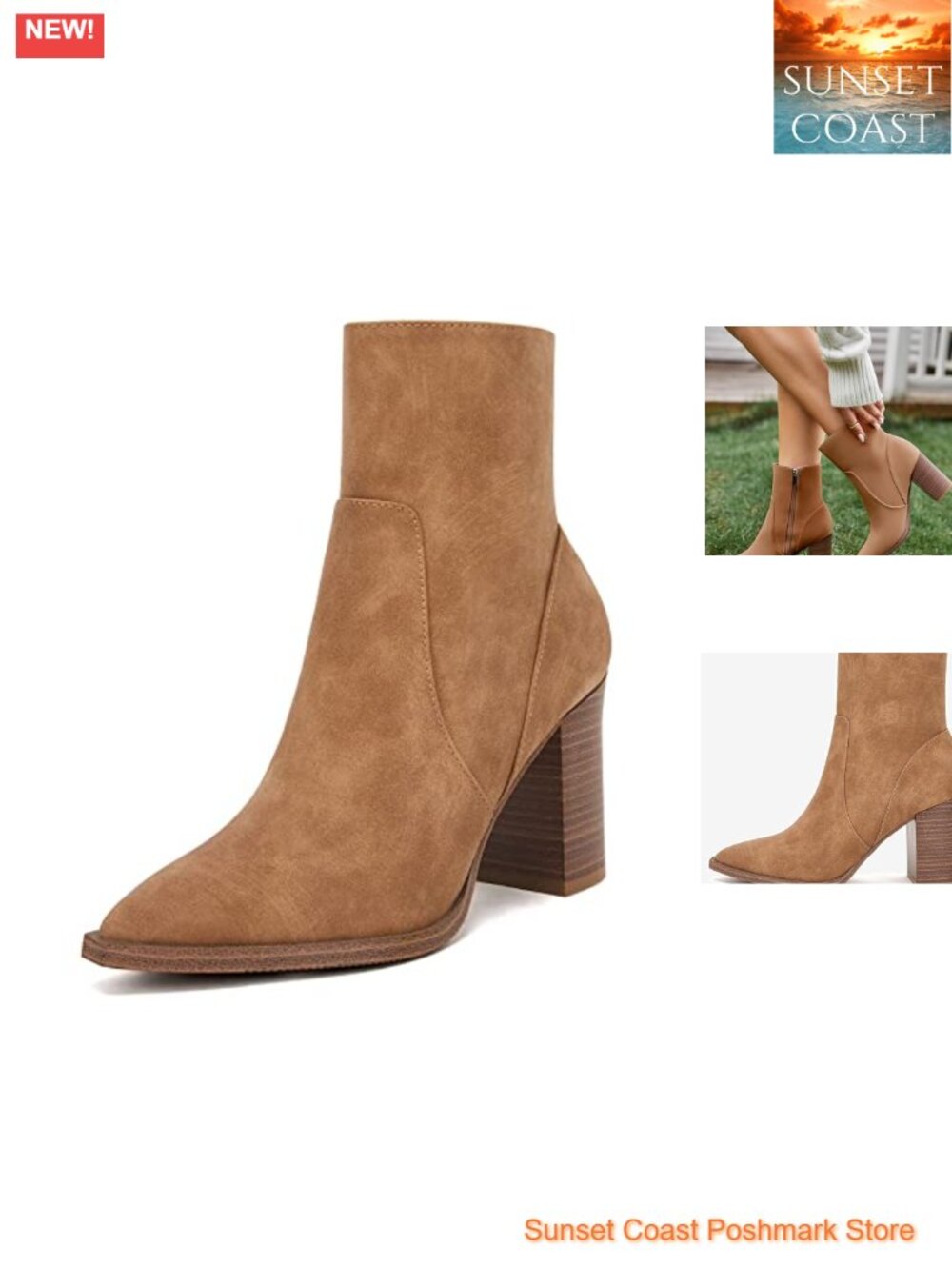 Pointed Toe Ankle Boots Chunky Stacked Heel Side Zipper Faux Leather Booties